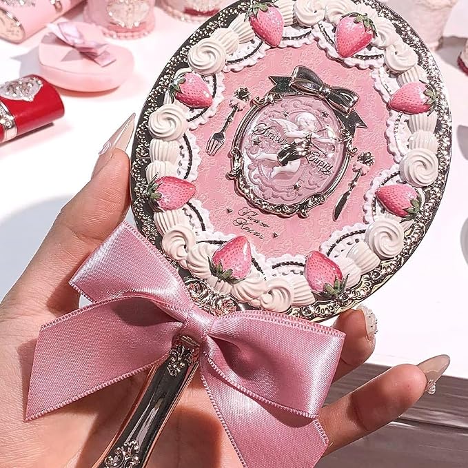 Flower Knows Strawberry Cupid Hand Mirror,Vintage Handheld Mirror,Fancy & Pretty Princess Mirror with Long Handle,Gift for Girls & Women(Milk Pink)