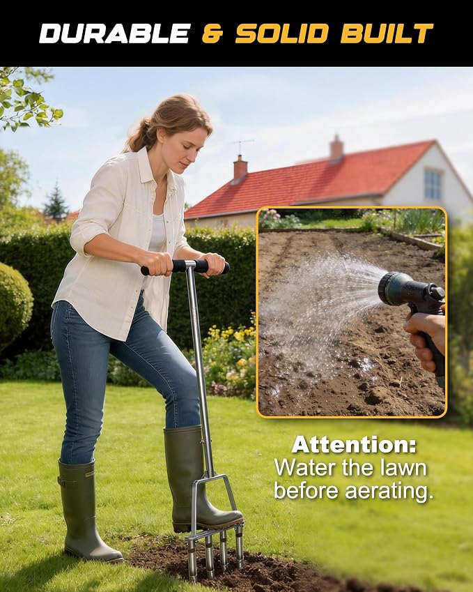 RETRUE Manual Core Aerator Lawn Tool - Lawn Aerator Tool with 4 Replaceable Hollow Tine, Semi-Assembled Grass Aerator Core Aeration Tool for Lawn, Yard Aerator for Lawn Care Compacted Soil