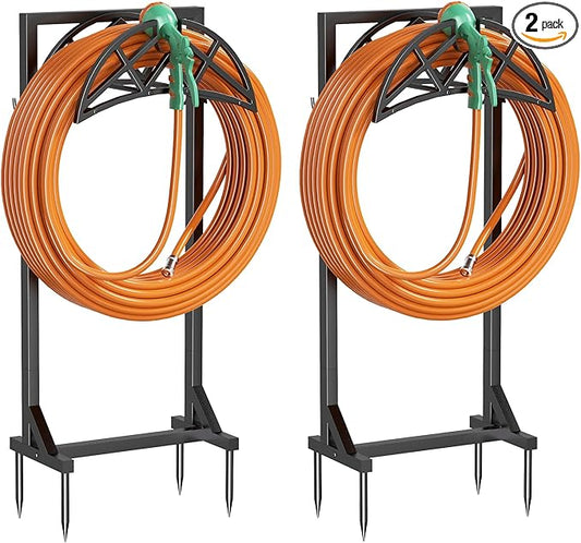 2 Pack Garden Hose Holder, Heavy-Duty Metal Stand with Stable Base & 2 Tool Hooks, Freestanding Storage Rack for Outside, Holds 150ft – Hose Holders for Yard & Lawn