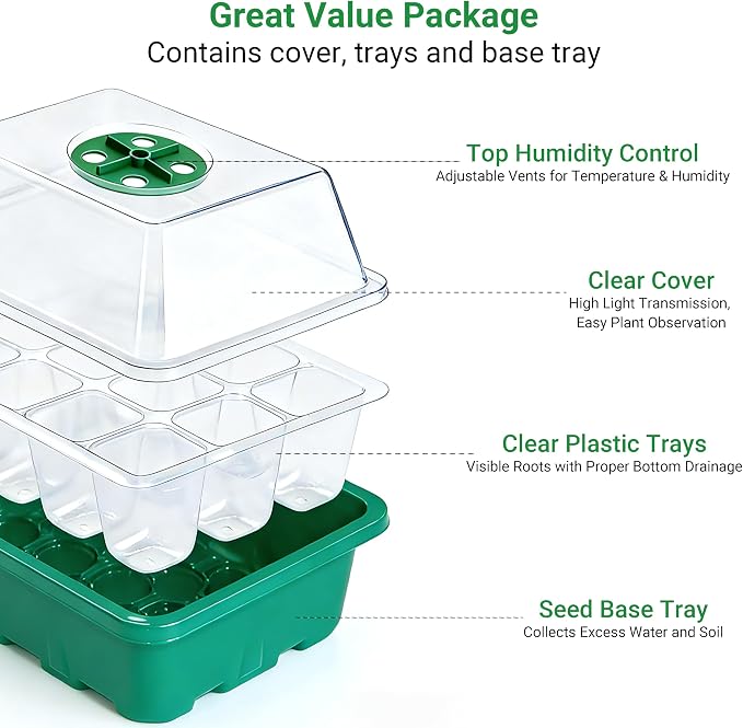 Seed Starter Kit 10-Pack with Humidity Dome, 120 Cells Propagation Trays & Base | All-in-One Mini Greenhouse for Seed Germination and Plant Starting