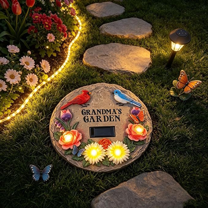 Stepping Stones Outdoor for Grandma's Garden with Solar Lights and Cardinal Robin Birds Flowers, Garden Stepping Stones Grandma Gifts for Mothers Day for Walkway, Yard, Patio Decor