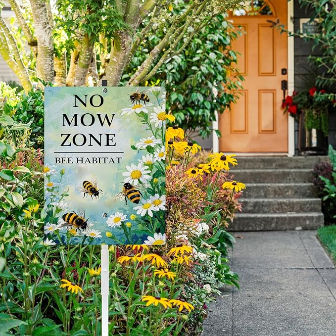 Pollinator Garden No Mow Zone Bee Habitat Yard Sign With Stakes Do Not Mow Save Bees Garden Stake Reflective Rustproof Aluminium No Mow May Signs Outdoor 8X12 IN