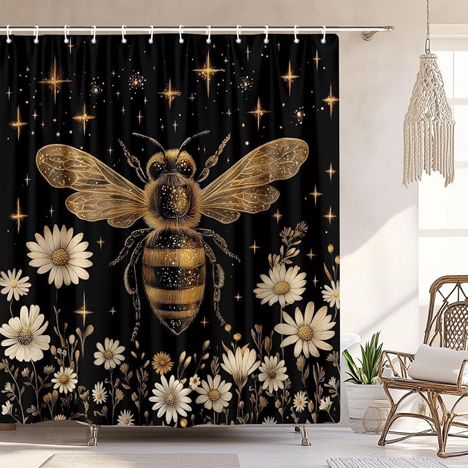Vintage Boho Shower Curtain Black and Gold Floral Bathroom Aesthetic Decorative, Funny Rustic Bee Daisy Flowers Witchy Eclectic Chic Farmhouse Shower Curtains with Hooks, 60X72 Inch Yellow
