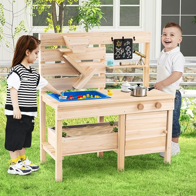 Costzon Mud Kitchen for Kids, Outdoor Play Kitchen w/Detachable Sandbox, Stoves, Sink, Chalkboard, Sand Funnel & Storage Shelf, Wooden Mud Table, Backyard Garden Toy Gift for Boys Girls Aged 3-8
