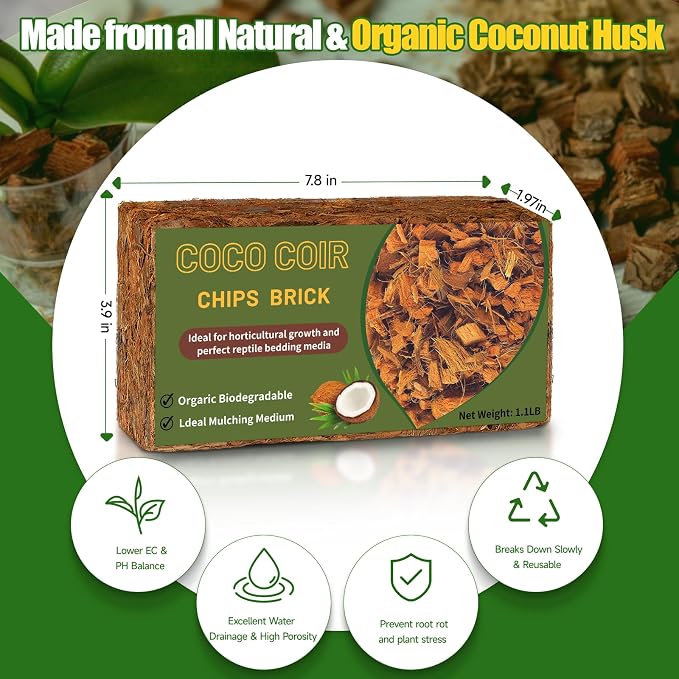 Doter Coco Chips Substrate 1.1 LB, Organic Coconut Husk Brick with Low EC and pH Balanced, Easy to Expand Coco Coir Mulch Medium for Garden Flowers & Reptile Bedding (1 Pcs)