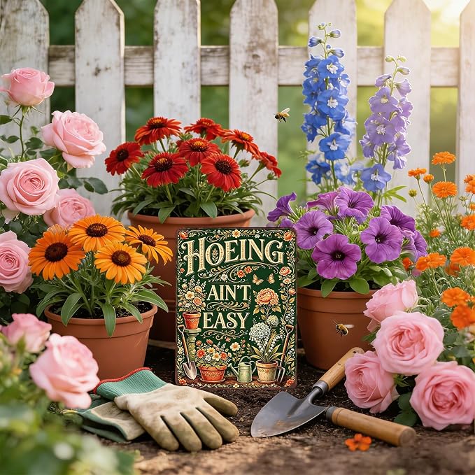 Gardening Gifts For Women Vintage Garden Decor For Outside Greenhouse Backyard Patio Yard Hoeing Ain't Easy Gardening Signs For Outside Metal Wall Decor Plant Lovers Gifts For Mom Wife Her Grandma