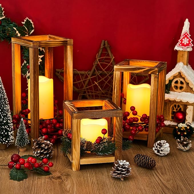 24 Pcs Wooden Candle Lantern Include 12 Wedding Lantern Centerpiece 12 Flameless Decorative Candles Holders Wedding Centerpieces for Tables Party Decor(Brown)