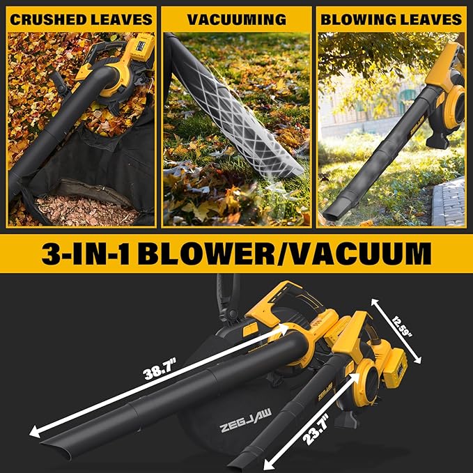 ZEGJAW 40V Cordless Leaf Blower & Vacuum, 3-in-1 Leaf Vacuum Mulcher with Bag, 360CFM 5-Speeds Brushless Battery Operated Leaf Blower for Lawn Care with 2 x 4.0Ah Battery & Charger Included