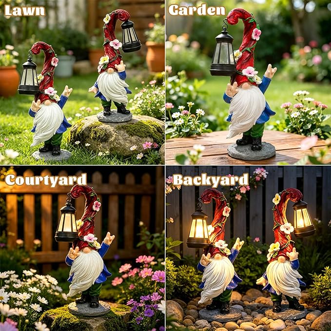 Garden Gnome Statue with Solar Lights 13.7" Garden Sculptures Gnomes Decorations Gnome Outdoor Patio Lawn Yard Balcony Birthday Gift for Mom Grandma(Left Light)
