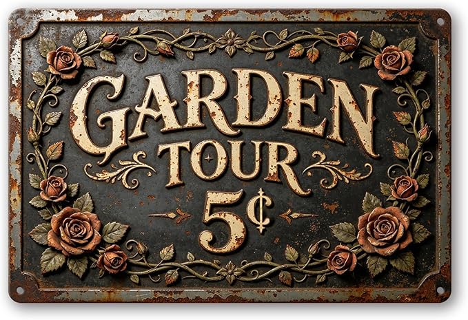 2D Flat Funny Garden Signs, Garden Tour 5¢ Vintage Outdoor Wall Decor for Patio Yard Greenhouse Home, Waterproof Garden Gifts 12x8 Inch