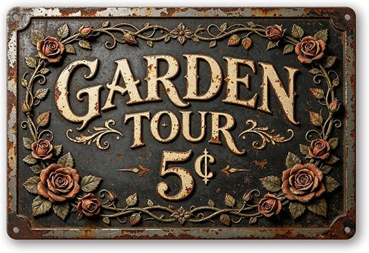 2D Flat Funny Garden Signs, Garden Tour 5¢ Vintage Outdoor Wall Decor for Patio Yard Greenhouse Home, Waterproof Garden Gifts 12x8 Inch