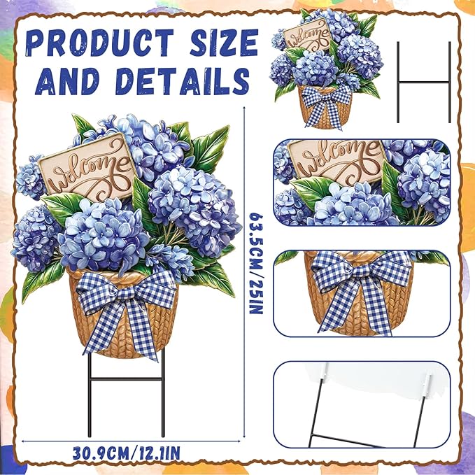 Amyhill Summer Outdoor Decor Hydrangea Metal Garden Stakes 25 Inch Decorative Hydrangea Yard Signs with Stakes Waterproof Floral Lawn Sign Welcome Outdoor Decorations for Patio Porch Lawn Backyard