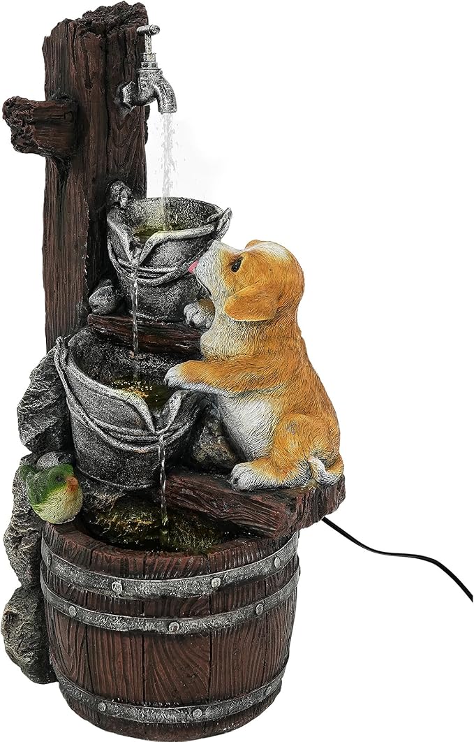 24.5" Puppy & Green Bird Outdoor Fountain, 3-Tier Pastoral Water Feature with LED Lights, Resin Buckets & Wooden Barrel Soothing Cascading Waterfall for Patio, Backyard, Garden
