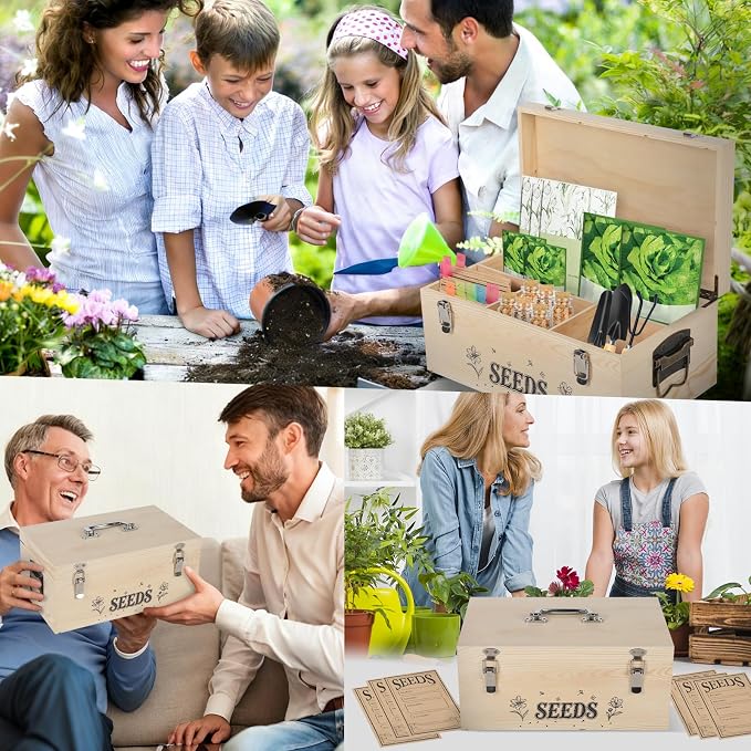 13.1”×7.7”×6” Wood Seed Storage Box 60pcs Seed Envelopes Fluorescent Index Tabs Seed Saving Organizer Box with Removable Dividers Safety Lock Side Handles Top Handle Gifts for Gardener Friends