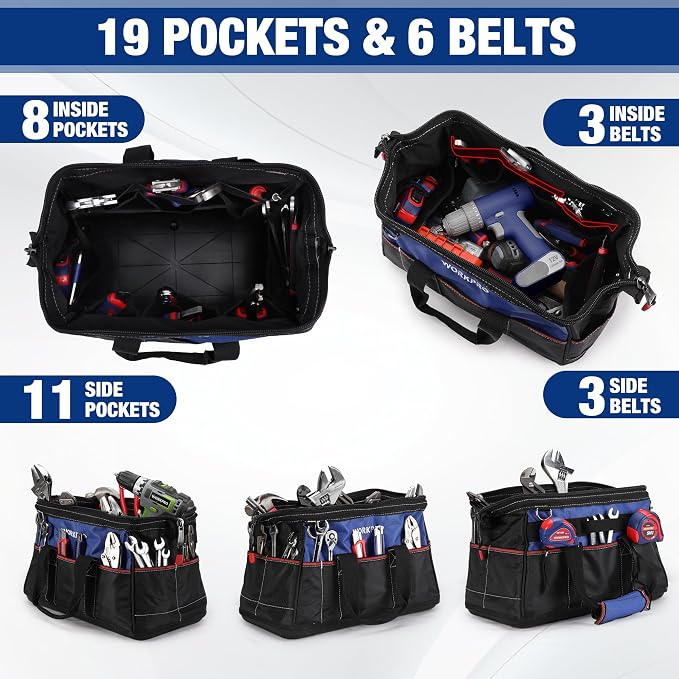WORKPRO 16-inch Wide Mouth Tool Bag, Heavy Duty Cloth Tool Storage Bag with Water Proof Molded Base, Adjustable Shoulder Strap, Father Day Gifts for Men