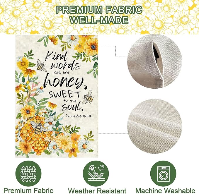Baccessor Summer Bee House Flag 28x40 Inch Double Sided Burlap, Kind Word Honey Sweet Yellow Floral Flowers Holiday Porch Patio Outdoor Outside Decoration