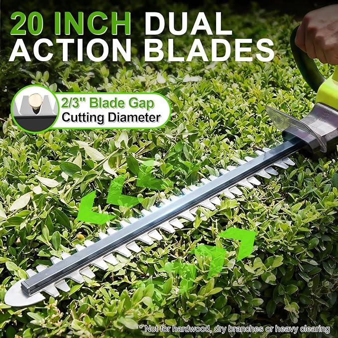 21V Lightweight Cordless Hedge Trimmer & Clippers, 20" Electric Bush Trimmer with 2 X 2.0Ah Batteries, LCD Display, 180° Rotating Handle, Dual-Action Blade, 2/3" Blade Gap for Shrub and Hedge
