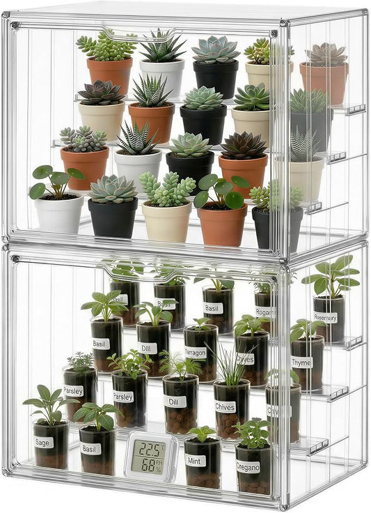 HBlife Mini Greenhouse for Indoor, Clear Stackable Green House with Magnetic Door & Adjustable Drainage Dividers, Tabletop Portable Greenhouse for Small Plants Nursery Germination and Display, 2 Pack