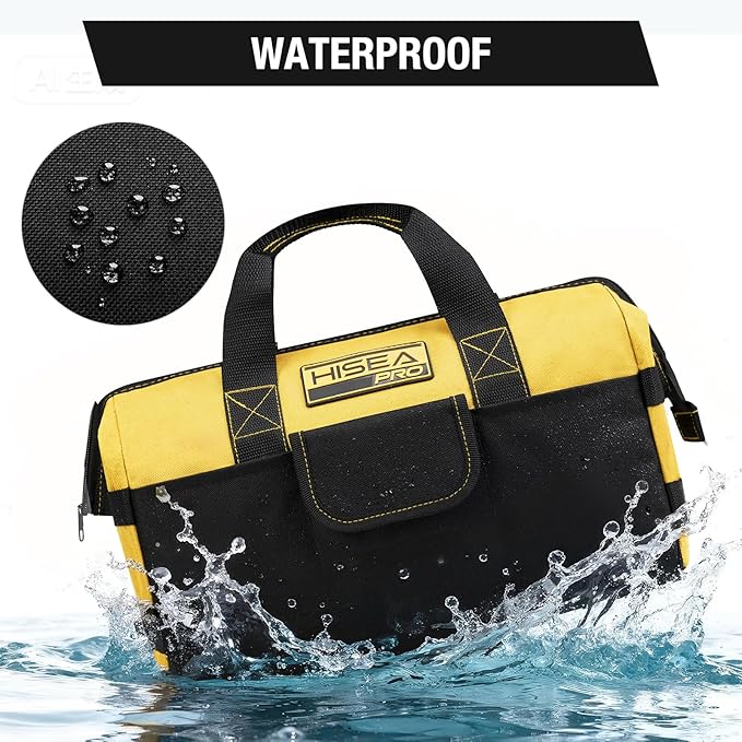 HISEA 3 Pack Heavy Duty Tool Bag with Storage Pockets, 16-Inch Tools Organizer Tote with Wide Base, Waterproof Durable Tool Bags with Zipper for Electrician, Tradesman (Yellow)