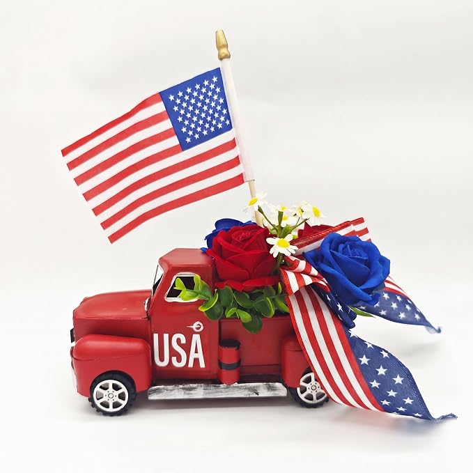 4th of July Patriotic Metal Truck Decor, Vintage Farmhouse Pickup Truck Table Centerpiece, Red White Blue Independence Day Decor for Home Dining Table Mantel Shelf Indoor Party Ornaments