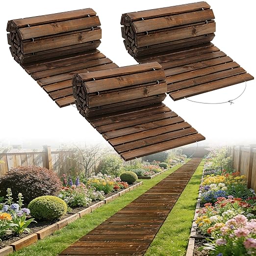 3pcs 8.2ft Wooden Garden Pathway - Weather Resistant Carbonized Pine Roll Out Decorative Walkway, Boardwalk Pathway Pavers for Outside Stepping Stones Outdoor Flooring Patio Pool Backyard (Brown)