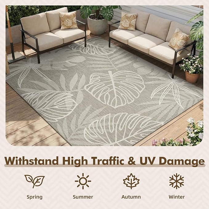 MontVoo-Outdoor Rug-Patio Rug 5x7 ft Polypropylene Indoor Outdoor Rugs Outdoor Carpet for Patio Deck Balcony Porch, Textured Weave, Durable for High Traffic, Fade-Resistant, Tropical Silver Grey