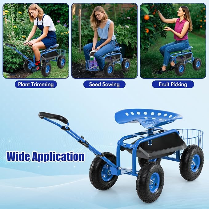 Goplus Rolling Garden Cart with Seat, Outdoor Garden Stool with Wheels, Tool Tray & Basket, Adjustable Steering Handle, 360 Degree Swivel Seat for Planting, Gardening Scooter for Lawn, Yard, Patio