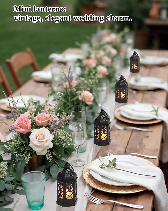 8-Pack Mini Lanterns with Flickering LED Candles for Ramadan, Moroccan Decorative Hanging Lanterns for Halloween, Christmas, Wedding, Black Lantern for Table Centerpiece, Home & Party Decor