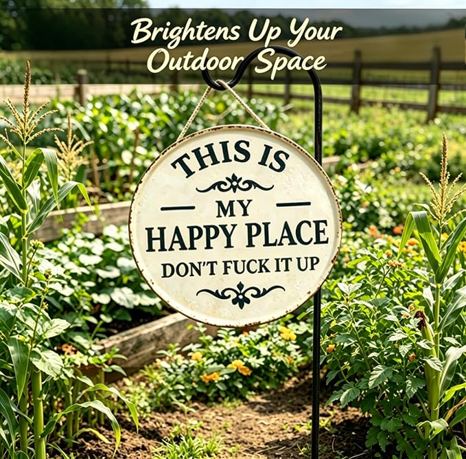 Funny Garden Metal Sign -"This Is My Happy Place Don't F*ck It Up Vintage Decor, Farmhouse Outdoor Art,Welcome Round Sign for Home Garden Farm Bar or Coffee Wall Decor (7.9 * 7.9in)