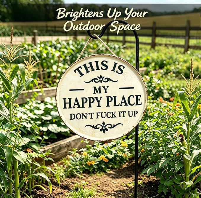 Funny Garden Metal Sign -"This Is My Happy Place Don't F*ck It Up Vintage Decor, Farmhouse Outdoor Art,Welcome Round Sign for Home Garden Farm Bar or Coffee Wall Decor (11.8 * 11.8in)