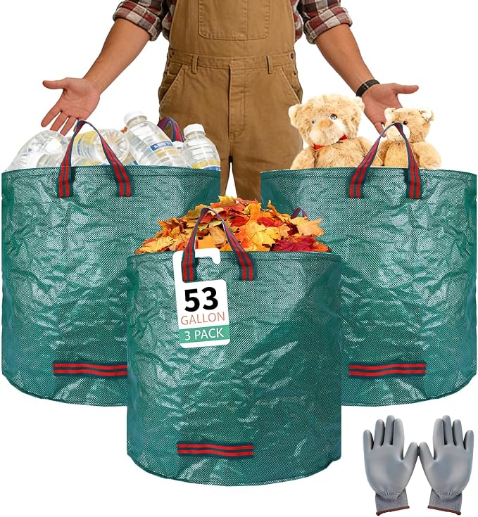 3 Pack 53-Gallon Yard Waste Bags with Gardening Gloves, Heavy Duty Reusable Lawn Leaf Bags with Reinforced Handles, Collapsible Garden Bags for Leaves, Debris and Outdoor Clean Up