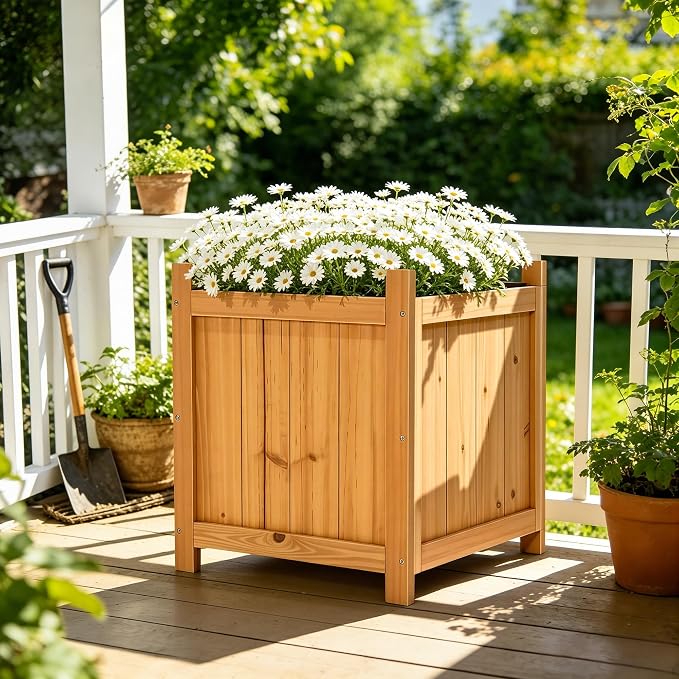 Set of 2 Wooden Planter Boxes Outdoor, 16.1" Square Fir Wood Flower Planters with Liner, Drainage Holes & Removable Bottom Board, Natural Wood Outdoor Bucket Planter for Patio Porch Yard Garden