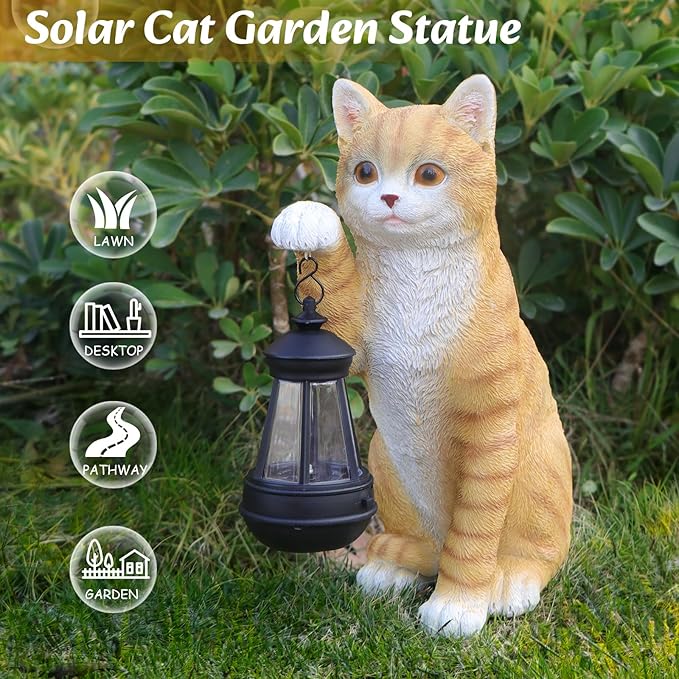 WONDER GARDEN Solar Cat Garden Statue - Outdoor Cat Statues, Orange Cat Figurines with Solar Lantern Light for Patio, Yard, Lawn, Gardening Gifts for Women and Mom(11" Orange Cat)