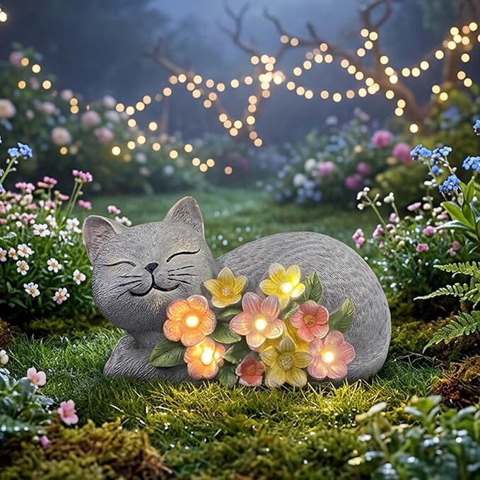 Solar Cat Garden Statue, Resin Solar Cat Lights with Flower for Outside, Outdoor Cats Statues for Lawn Porch Yard Art - Birthday Gifts for Mom Grandma Women