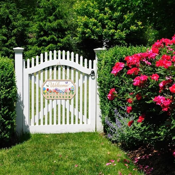 HOURIA 3D Welcome Front Door Sign (11.4”x7”),Floral Butterfly Garden Sign,Colorful Tulip Flower Wreath Sign,Spring Summer Decorations for Home Office Indoor Outdoor