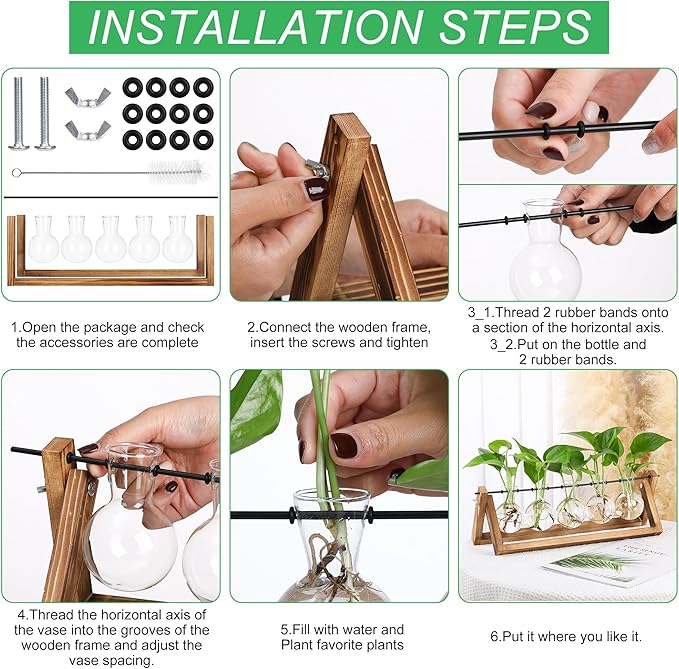 YIBOT Plant Propagation Stations with Wooden Stand & 5 Glass Bulb Vases | Tabletop Plant Terrarium for Propagating Hydroponic, Retro Glass Planter Flower Vase Home Kitchen Office Decor Gifts
