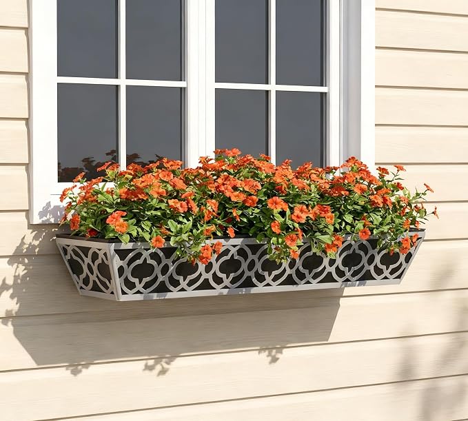 Y&M 30'' Metal Railing Planter Box Set with Black Non-Woven Fabric Liner, Flower Boxes with Adjustable Brackets, 2 Pcs Large Hanging Window Boxes for Fence, Deck, Balcony, and Garden - Gray