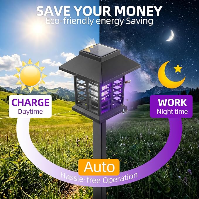 2026 Solar Bug Zapper Outdoor Waterproof Mosquito Repellent Outdoor Patio Mosquito Trap & Killer for Garden, Backyard, Farm, Solar Powered Fly Zapper for Small Flying Insect, Flies, Gnats, Moths(4)
