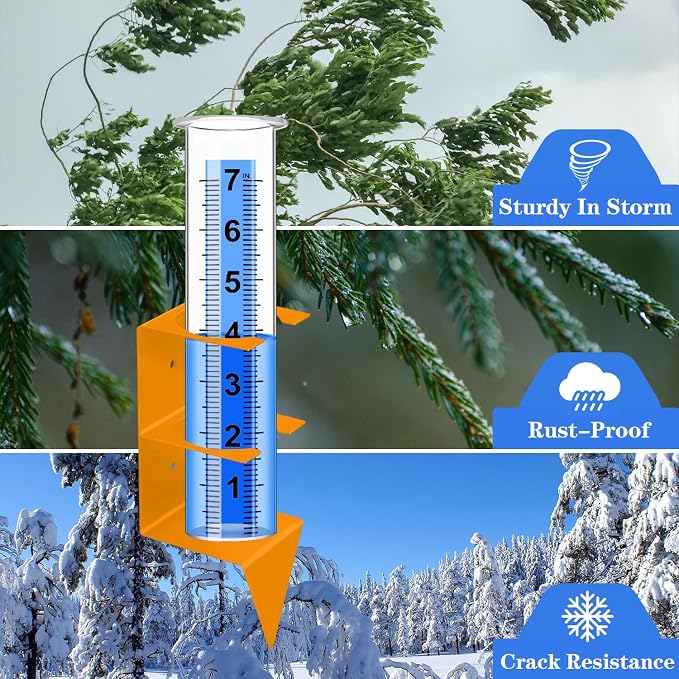 Rain Gauge Outdoor,7" Capacity Rain Gauge Outdoors Best Rated with Stainless Steel Mounting Rack Holder,Freeze Proof Plastic Large Rain Gauge for Yard Garden Fence Lawn Patio Farm (Orange)