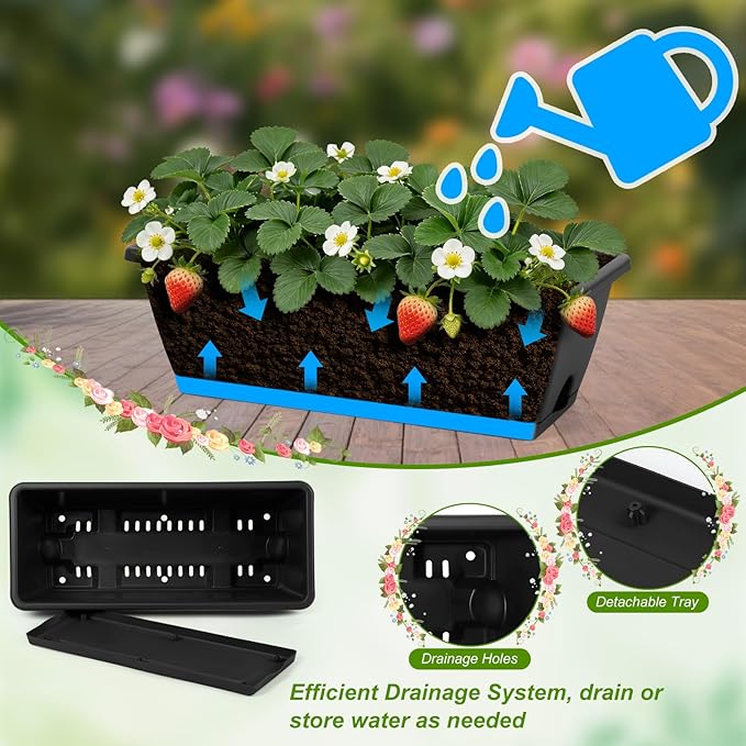 6 Pack Deck Railing Planter Boxes Black Window Boxes Planter Boxes with Adjustable Brackets, Outdoor Garden Fence Planters with Drainage Holes for Flowers, Herbs, Strawberry
