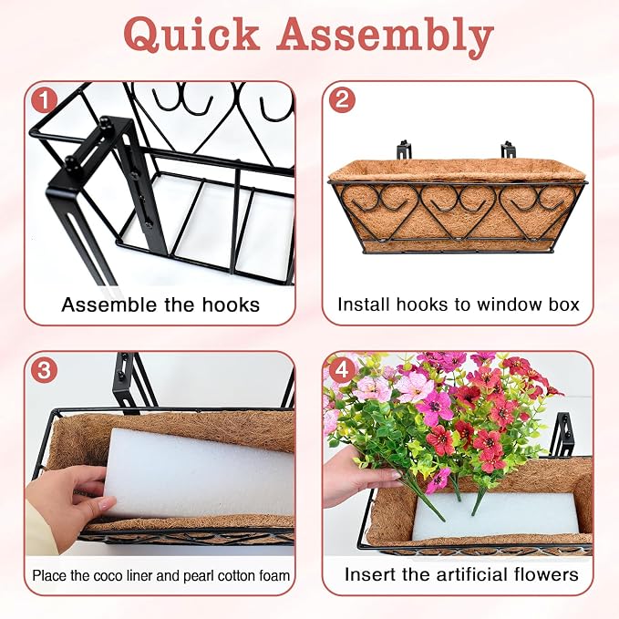 Halatool Railing Planter Box with Artificial Flowers, Metal Window Box with Coconut Liners & 12 PCS UV-Resistant Colorful Faux Flowers for Porch Patio Balcony Windowsill All Season Home Decor (16 in)