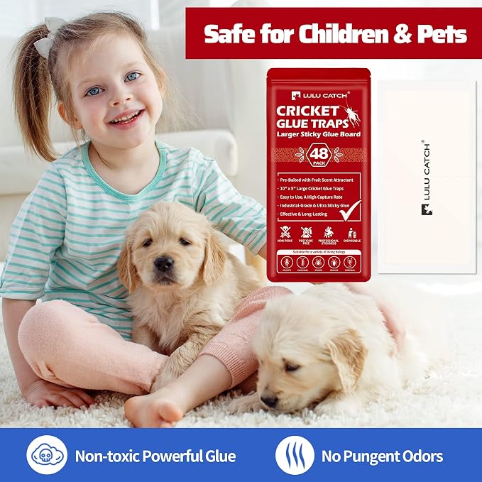 LULUCATCH Cricket Insect Glue Traps - 48 Pack Bug Cockroach Sticky Traps, Large Spider Trap with Pre-Baited Attractant, Highly Effective Glue Boards Indoor, Non-Toxic Pet Safe, Easy to Use