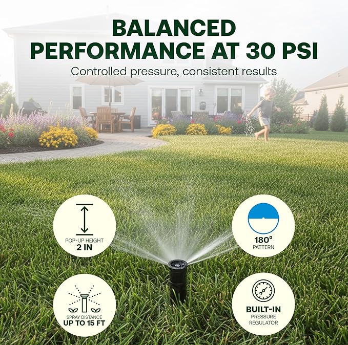 Rain Bird 1802HDSPRS Pressure Regulated 1800 Series Dual Spray 2 Inch Pop Up Sprinkler Head, 4 Pack -Water Efficient Lawn Sprinkler with 180 Degree Half Pattern, 1/2 in NPT, Up to 15 Ft Spray Distance