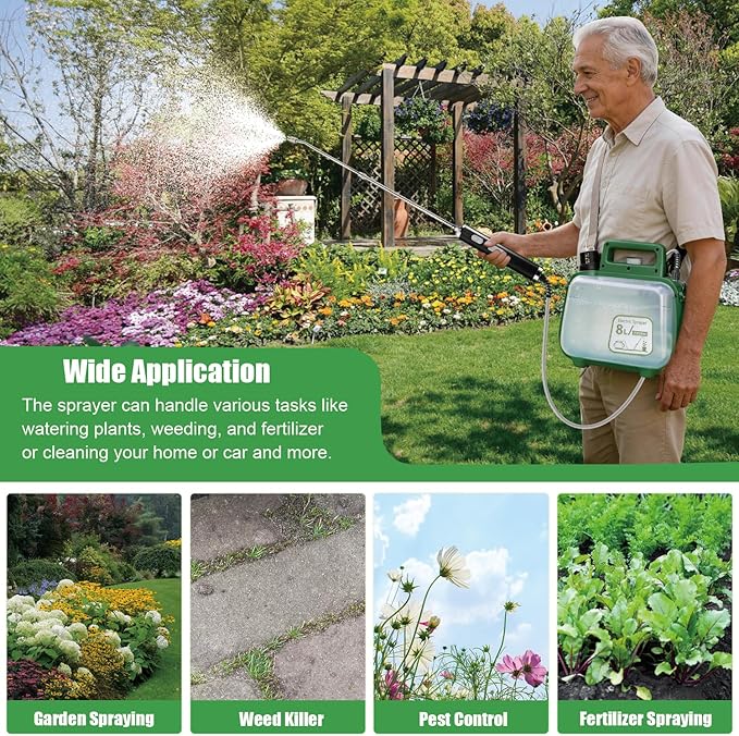 2 Gallon Electric Garden Sprayer, 7.4V Battery Powered Sprayer with USB Rechargeable Handle, Telescopic Wand, 4 Adjustable Nozzles, Battery Indicator, Shoulder Strap for Lawn, Plant Watering & Yard