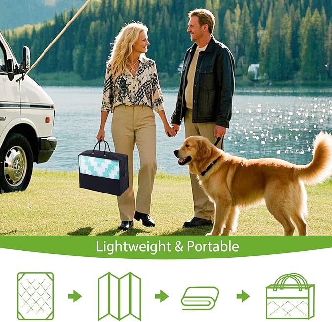 Smiry Waterproof Outdoor Rug 9X18 ft, Reversible Plastic Straw Patio Camping Rugs, Outdoor Indoor RV Mat Carpet for Patio, Outside Entry, Backyard, Deck, Bench, Picnic, Camper, White & Teal