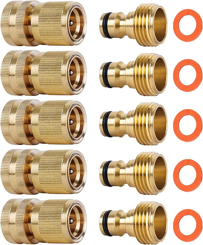 Quick Connect Hose Fitting, Solid Brass Garden Hose Quick Connectors 3/4 Inch Thread No-Leak Water Hose Repair Fittings Male and Female Hose Adapter - 5Packs