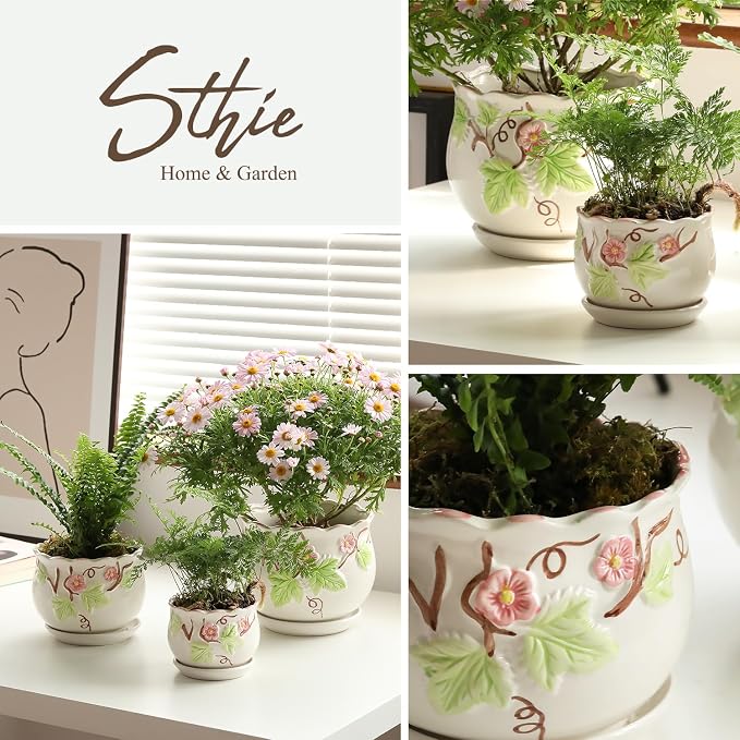 STHIE Ceramic Plant Pots with Drainage Holes and Saucers, Round Flower Pots for Indoor Plant, 4/5.2/6.6 Inches Vintage Flower Planters Set of 3
