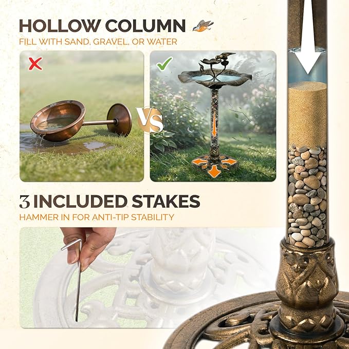 VINGLI Pedestal Bird Bath 28 Inch Antique Copper Resin Birdbaths Weather Resistant Floral Accents and Vintage Finish Garden Decor for Outdoor Lightweight Courtyard… (Copper-with Bird Feeder)