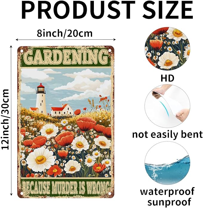 Vintage Garden Tin Signs Gardening Because Murder Is Wrong Metal Sign Wall Decor for Garden Yard Fence Home Kitchen Bar 12×8 Inch