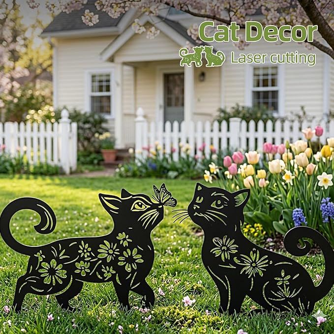 Metal Cat Garden Decor for Outside (2 Pack), 14 Inch Yard Art Stakes,Unique Cat Gifts for Kitty Lovers, Outdoor Lawn Statues and Weather Resistant Yard Art
